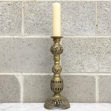 Vintage Pillar Candle Holder Retro 1980s  Solid Gold Brass + Floral Filigree Design + Bohemian + 13.5 Inch Tall + Home Table Decor 