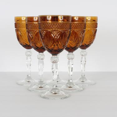 Vintage Cris d’arques Durand Arcoroc Luminarc France Amber Yellow Wine Glasses Set of 6 