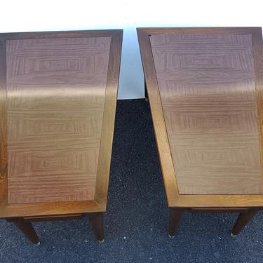 Pair of Mid Century Modern Walnut & Formica Inset Wedge Side Tables Coffee End Sofa Entryway Tables Low Profile Style Geometric Plant Stands 