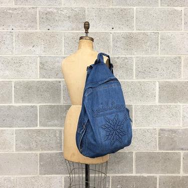 Vintage Backpack Retro 1990s Denim + Bookbag + Oversized + Quilter + Travel Bag + Blue + Knapsack + Unisex Accessory 