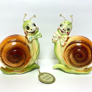 Vintage Enesco Snappy the Snail Salt Pepper Shakers Anthropomorphic Japan w/ Tag 