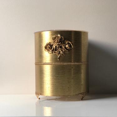 24 k Gold plated Filigree Metal Waste Basket with Liner, Stylebuilt-Matson Gold Gilt Hollywood Glam Footed Ormolu Trash Can 