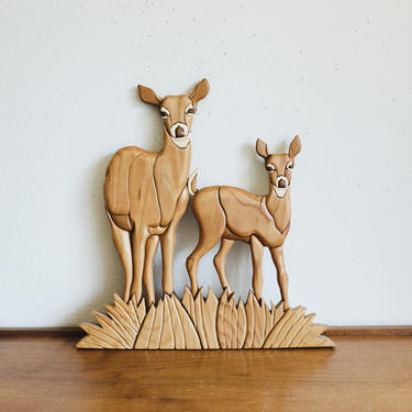 Mid Century Deer Sculpture / Wood Carving / Framed MCM Folk Art / 