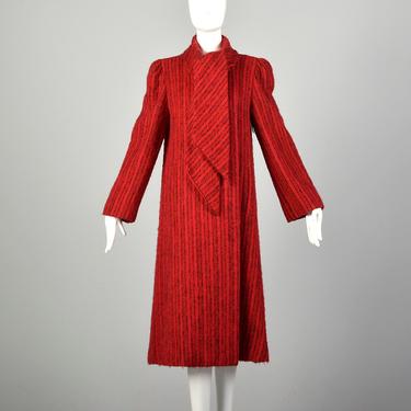Medium 1980s Pauline Trigere Coat Red Mohair Black Stripes Winter Scarf Collar 