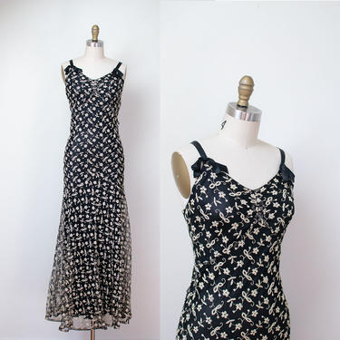 1930s Bias Cut Gown / 30s Embroidered Mesh Net Dress 