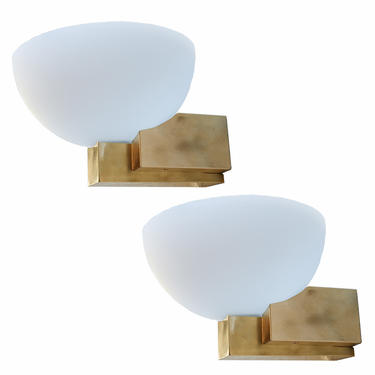 Custom Art Deco Midcentury Style Brass and White Glass Sconces