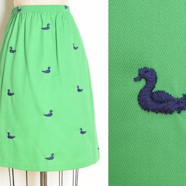 vintage 70s skirt green navy embroidered DUCKS birds high waisted skirt S M clothing 