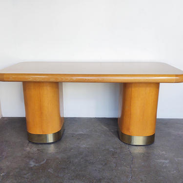 Vintage Thick Oak Wood + Brass Double Pedestal Table 