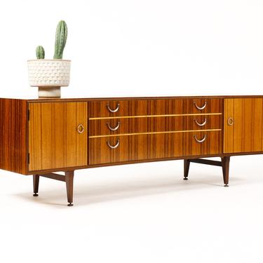 Danish Modern / Mid Century Mahogany Credenza / Sideboard by Meredew — Curved facade — Brass loop pulls 