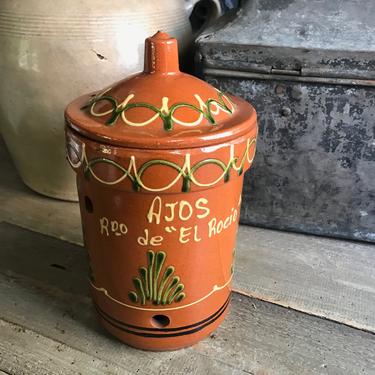 Lidded Spanish Garlic Keeper, Pottery Jar, Ajos Roo de El Rocio, Terra Cotta Earthenware, MDT 