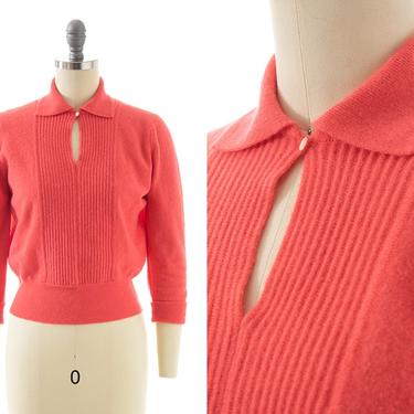 Vintage 1950s Sweater | 50s DARLENE Knit Wool Mink Hot Salmon Pink Keyhole Cropped Pullover Pin Up Sweater Top (x-small/small) 
