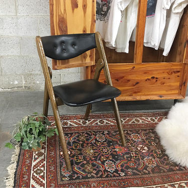 Vintage Folding Chair Retro 1960s Willkie Industries Brown Wood Frame + Black Vinyl + Cushioned Seat + Tufted Back Mid Century MCM Seating 