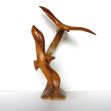 Vintage Mid Century Modern Myrtlewood Seagull Sculpture, Hand Crafted Shore Birds Wooden Statue 