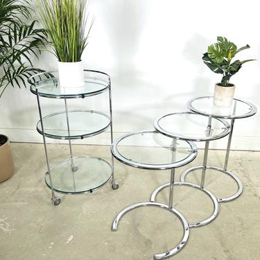 Set 4 Chrome &amp; Glass Bar Cart &amp; Nesting Table Eileen Gray Style