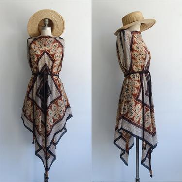 Vintage 70s Scarf Dress/ 1970s Cole of California Beach Coverup Sheer Dress/Handkerchief Dress/  Size Small Medium Large XL 