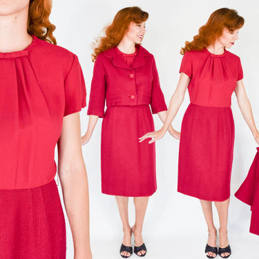1960s Cranberry Red Wool Dress &amp; Jacket Set | 60s Magenta Wool Crepe Dress Set | ROSEWEB N.Y. | Medium 