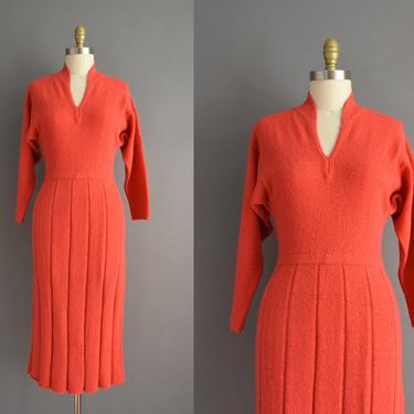 vintage 1950s dress | Gorgeous Apricot Red Stretch Knit Cozy Winter Dress | Small Medium | 50s vintage dress 