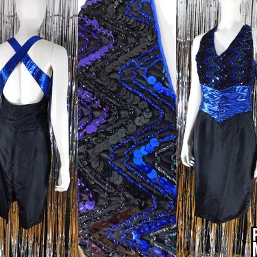 Cute Vintage 80s 90s Blue Black Purple Sequin Zig Zag Party Dress with Criss Cross Back 