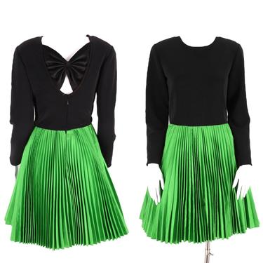 80s AJ BARI cocktail dress 10 / vintage 1980s black green pleated designer dress taffeta pouf skirt evening 