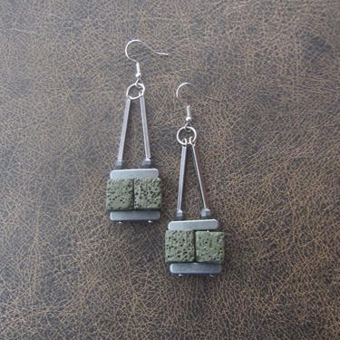 Industrial earrings, bronze dangle earrings, khaki army green earrings, mid century modern earrings, lava rock earrings, brushed silver 