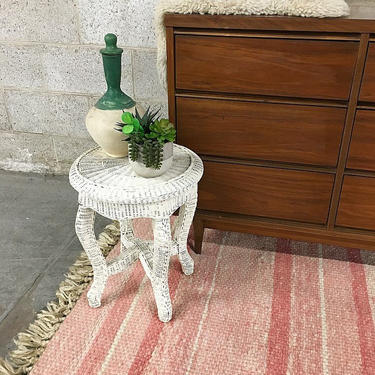 LOCAL PICKUP ONLY Vintage Wicker Table Retro 1980s Bohemian White Wicker End Table or Plant Stand with Round Top and Curved Legs 