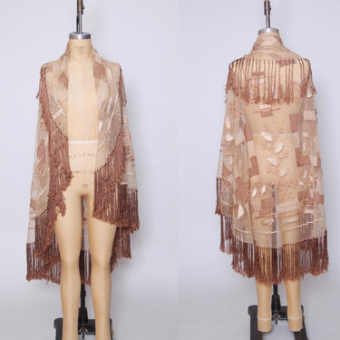 1970s fringe shawl / open weave embroidered boho wrap / boho fringe decor 