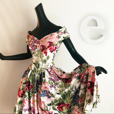 Vintage 80s 90s Garden Party Madonna Dress • Sexy Off Shoulder Dropped Waist • Romantic Floral Drapery Print in Pink Rose &amp; Green • Grunge 