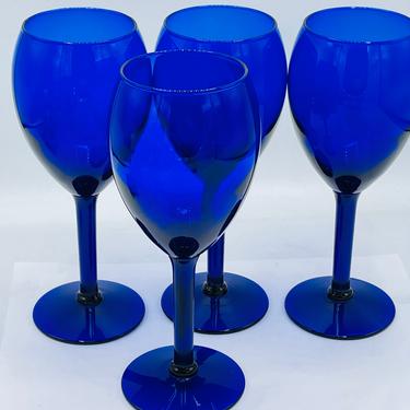 Vintage Pretty Set of (4) Cobalt  Blue Water Goblets or Wine Glasses- 8' X 2.5" at the rim- Chip Free 