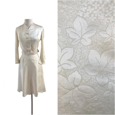 Vintage 50s white satin damask wedding skirt suit bridal outfit/ floral botanical leaf 40s damask fabric/ Mother of the bride dress 