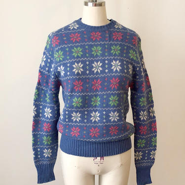 Blue, Green, and Pink Holiday Fairisle Pullover Sweater - 1980s 