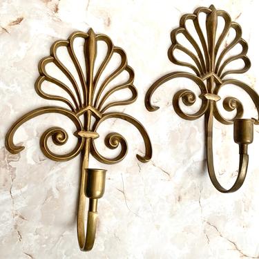 Large Sconces, Brass, Scalloped Design, Art Deco Style Candle Holders, Pair, Set 2, Hollywood Regency, Sustainable Living Vintage Home Decor 