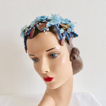 Vintage 1950's Light Blue Floral Fascinator Hat Silk Flowers Pearlized Berries Coquette Spring Summer Bridal Wedding Party  50's Millinery 
