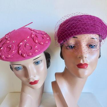 RESERVED LORRAINE Vintage 1950's Fuchsia Pink Felt Hat with Rhinestones 