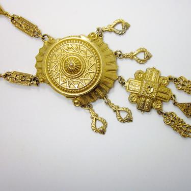 Vintage Accessocraft NYC Rare 1960s Rennaissance Revival Etruscan Detail Gold Tone Disco Style Medallion Necklace with Articulated Pendants 