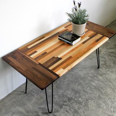 3 Panel Walnut & Mixed Wood Coffee Table - Modern Furniture Mid Century Eames Style Hairpin Legs Recaimed Hardwood Design 