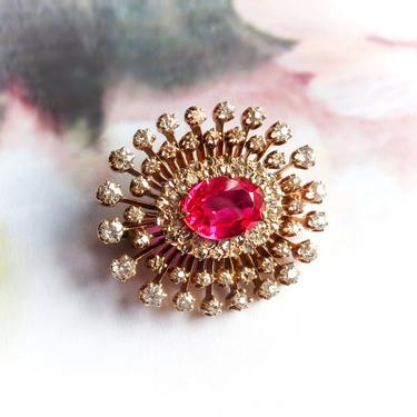 Antique Edwardian Diamond Starburst Brooch 4.71ct t.w. Old European Rose Cut Synthetic Lab-Created Ruby Pin Pendant 14k Gold 