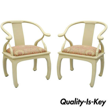Pair of Vintage Cream Lacquered James Mont Style Ming Horseshoe Lounge Chairs