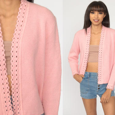 Pink Cardigan Sweater 70s Open Front Baby Pink Pastel Sweater Vintage Crochet Acrylic Knit 1970s Grandma Medium M 