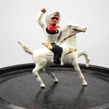 1930s Lead Cowboy Figurine Miniature Horse Metal Statue Black &amp; White Color Stallion Steed Animal Figure With Saddle Vintage 