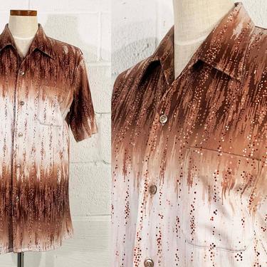 Vintage Brown White Shirt Essley Polka Dot Abstract Geo Print Short Sleeve Blouse Top Patch Pocket Pointed Collar 70s 1970s Large XL 
