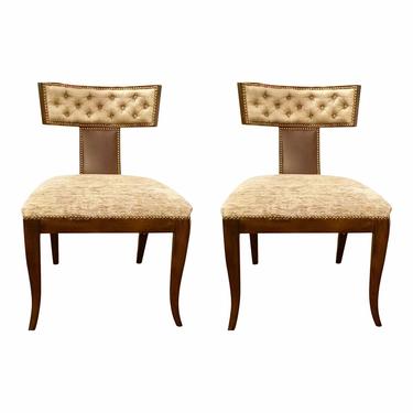 Kravet Athens Klismos Maple Chair With Chocolate Leather and Taupe Upholstery