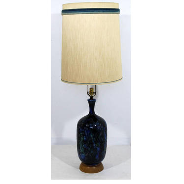Mid Century Modern Blue Ceramic Fantoni Style Table Lamp w Original Shade Finial 