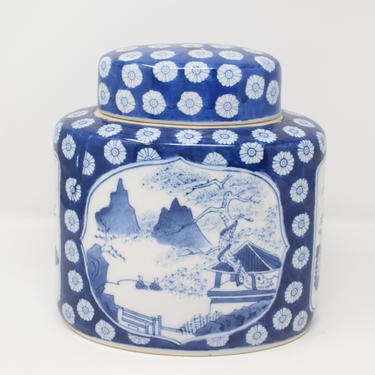 Vintage Asian Blue and White Lidded Oval Ceramic Jar 