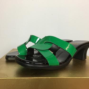 1990s sandals, bright green, vintage slides, size 7 1/2, minimalist style, mules, patent, vegan, vintage shoes, summer, rubber heels 