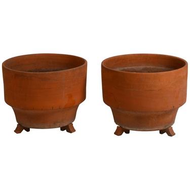 Pair of Large Midcentury Unglazed Terracotta Planters on Stands