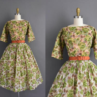 1950s vintage dress | Beautiful Green &amp; Brown Floral Print Full Skirt Chiffon Cocktail Party Dress | Medium | 50s dress 