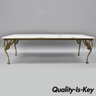 Regency Style Italian Marble Top Coffee Table w/ Figural Winged Swan Brass Base