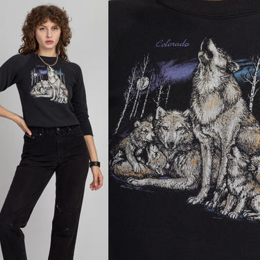 80s Colorado Wolf Sweatshirt - Petite XS | Vintage Black Raglan Sleeve Graphic Tourist Cropped Pullover 