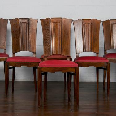 1930s French Art Deco Charles Dudouyt Modernist Oak Red Vinyl Dining Chairs - Set of 6 