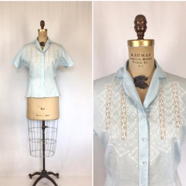 Vintage 50s blouse | Vintage light blue cotton top | 1950s embroidered  shirt 